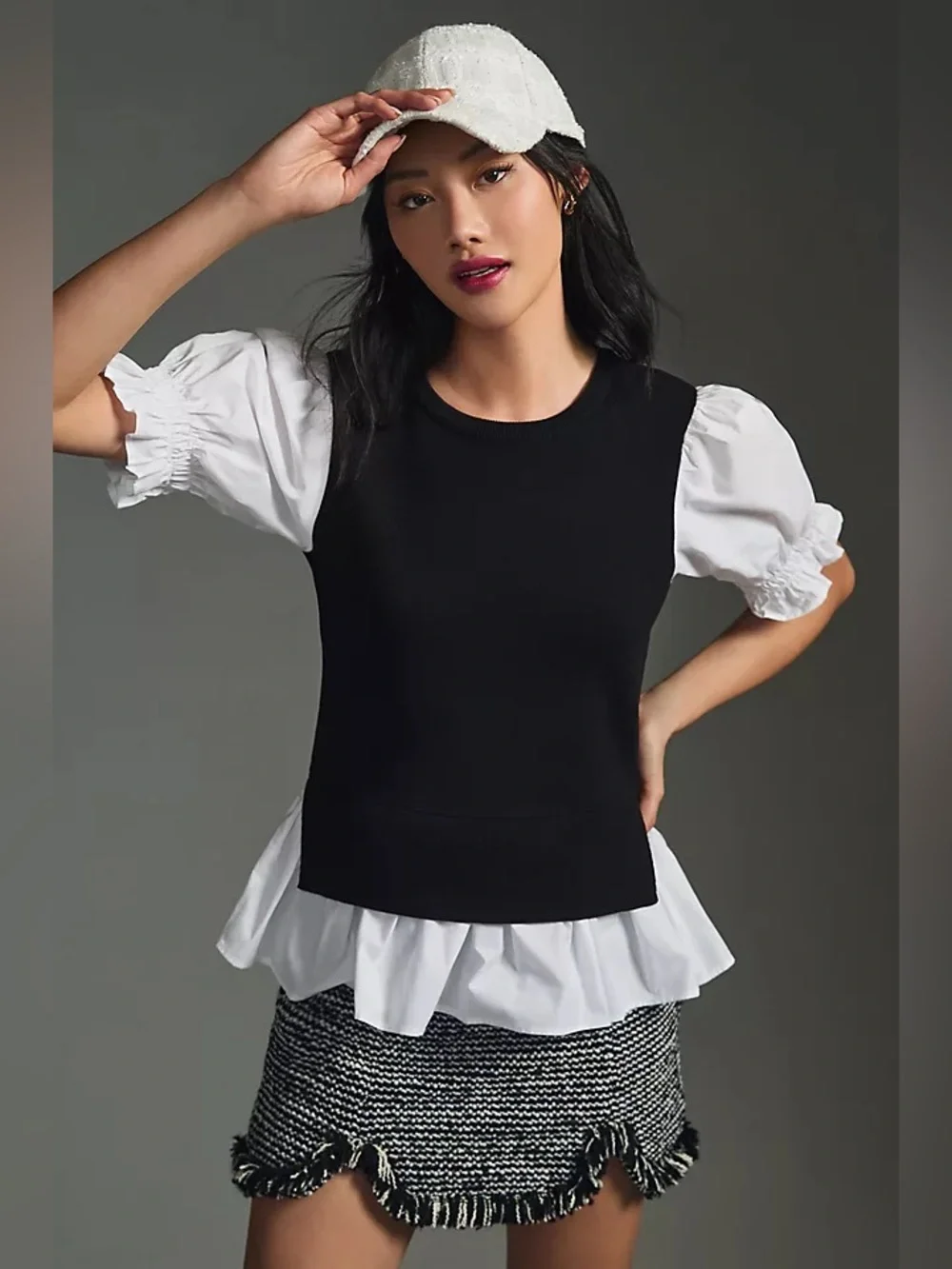 Anthropologie Layered Poplin Puff Sleeve Peplum Sweatshirt Blouse Size XL